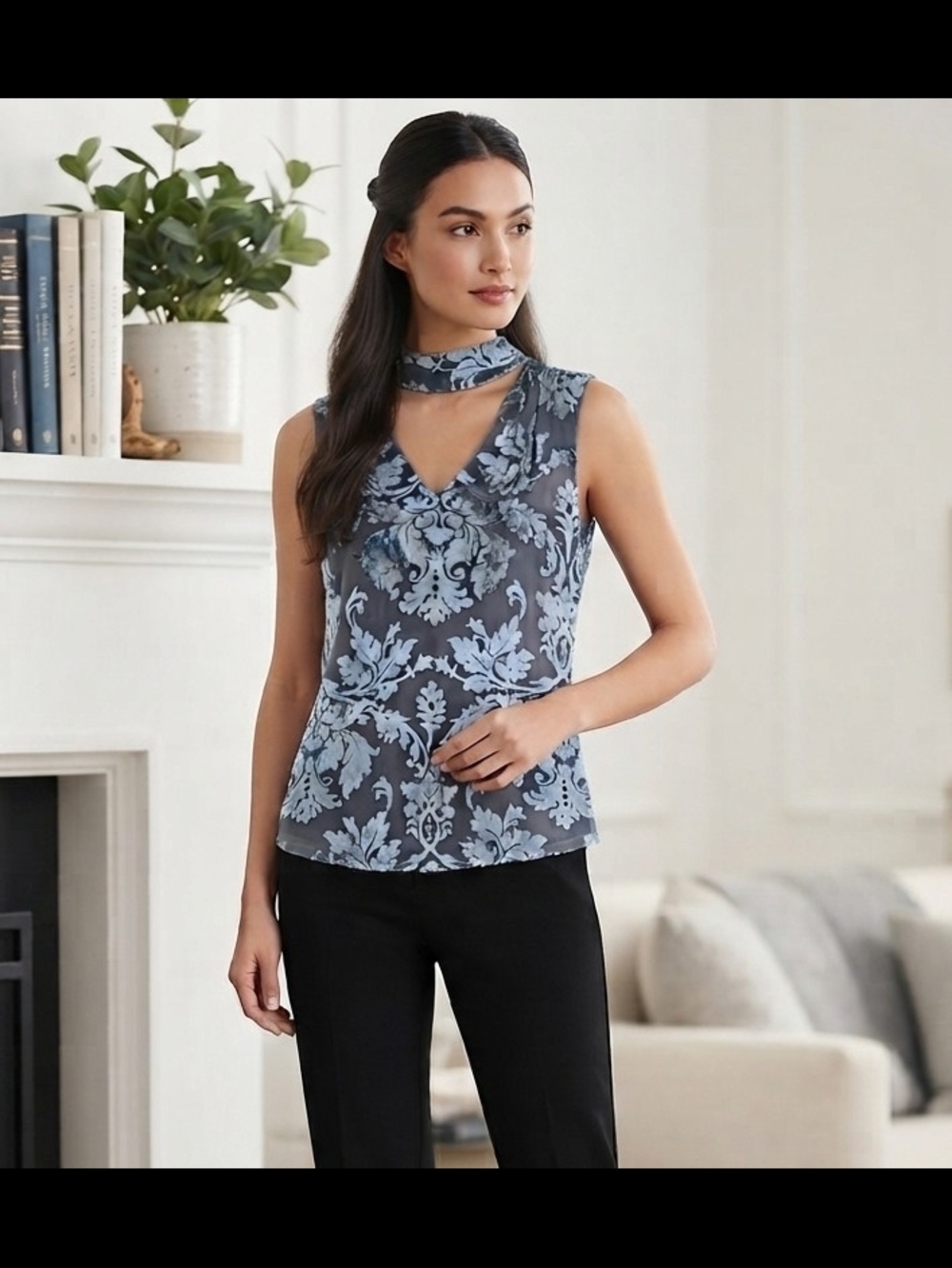 White House Black Market Blue Floral Neck-Tie Sleeveless Top